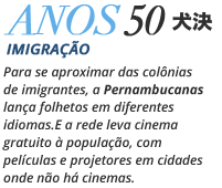 Anos 50 Imigração - Para se aproximar das colônias de imigrantes, a Pernambucanas lança folhetos em diferentes idiomas. E a rede leva cinema gratuito à população, com películas e projetores em cidades onde não há cinemas.